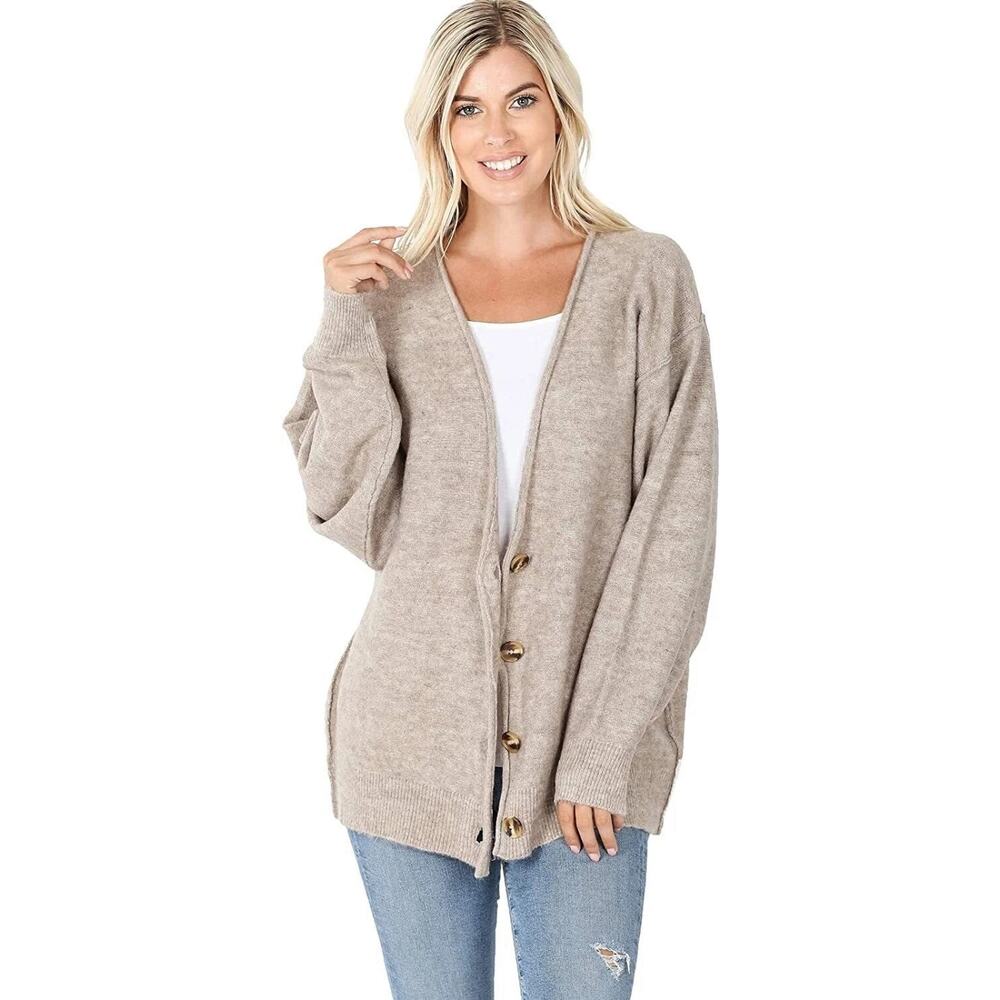 Zenana Melange Button Down Cardigan Oversized Loose Fit, Mocha Brown 1X